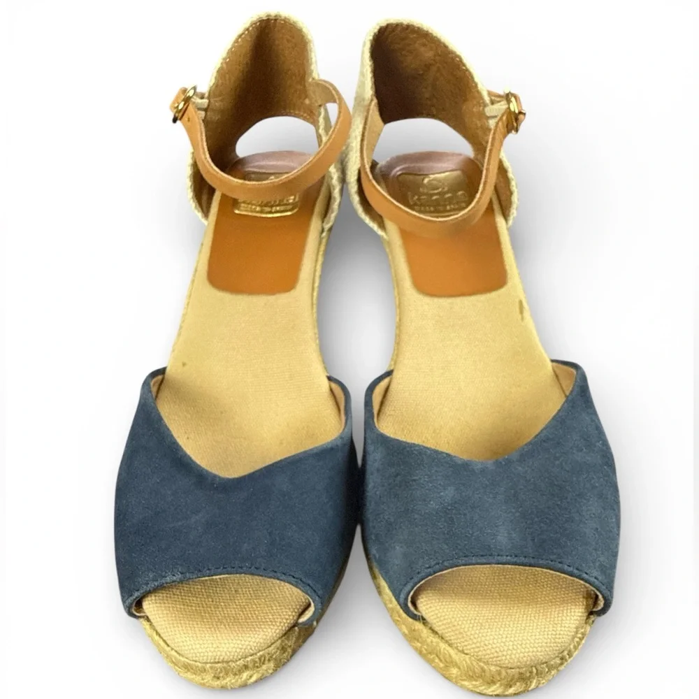 Kanna Women's Ankle Strap Wedge Espadrille 4207 Sandal Blue Suede Tan Sz 39 / 8